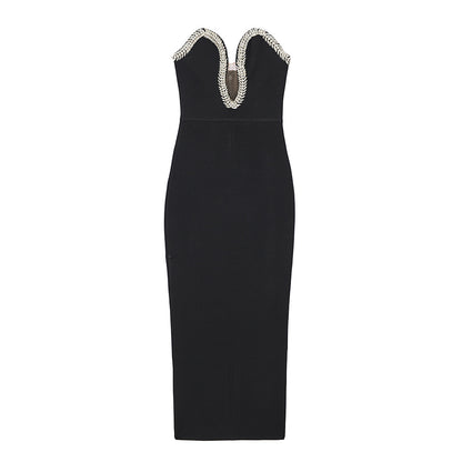 Summer Tube Top V-neck Diamond Black Bandage One-piece Dress