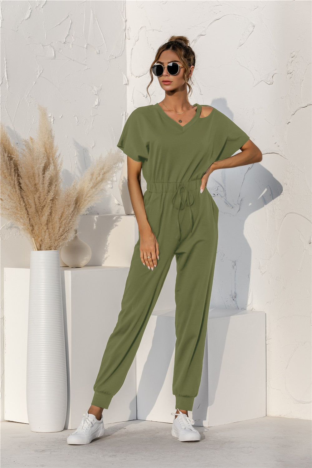 Cut Out V-neck Drawstring Jumpsuit