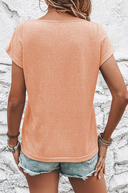 Apricot Pink Button Detail Batwing Sleeve Casual Tee