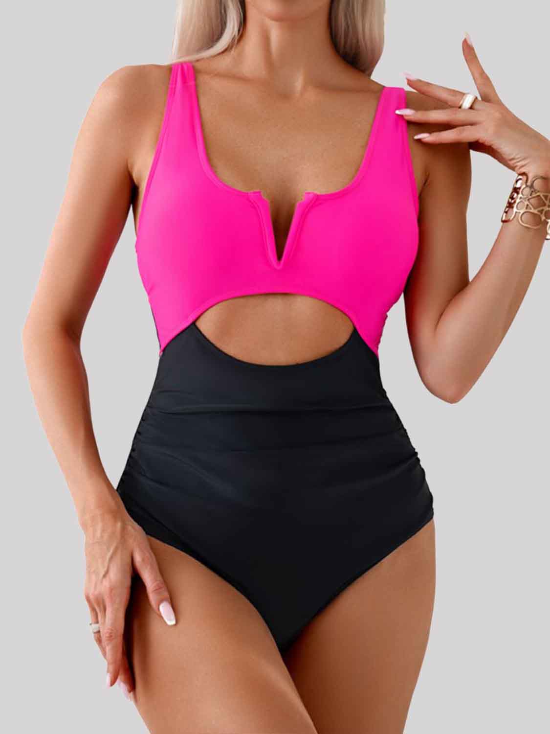 Tied Cutout Contrast One-Piece Swimwear