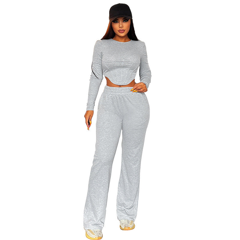 Women's Round Neck Long Sleeve Trousers Casual Suit