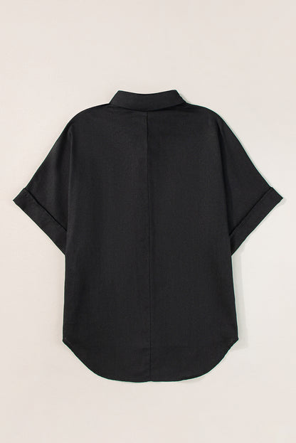 Black Collared Half Buttons Folded Short Sleeve Oversize Top