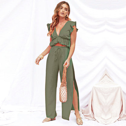 Top Split Wide Leg Pants Two-piece Set