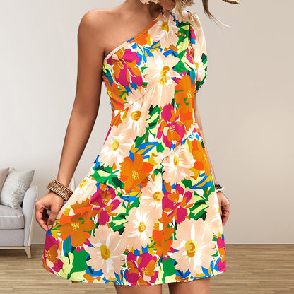 Women's Graceful And Fashionable Casual Shoulder Short Sleeve Printed Dress