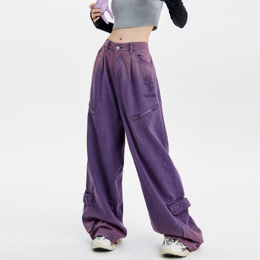 Chaopai Pantalon large violet à jambe droite