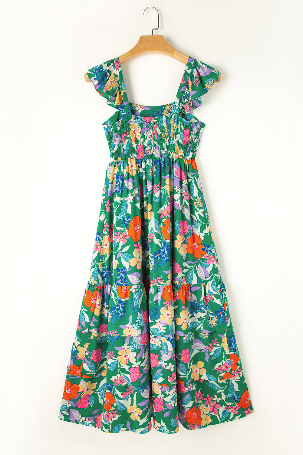 Robe longue à volants et à volants sans manches à imprimé floral vert