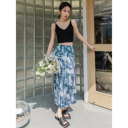 Acetate Print Pleated Skirt Hem Slit Skirt