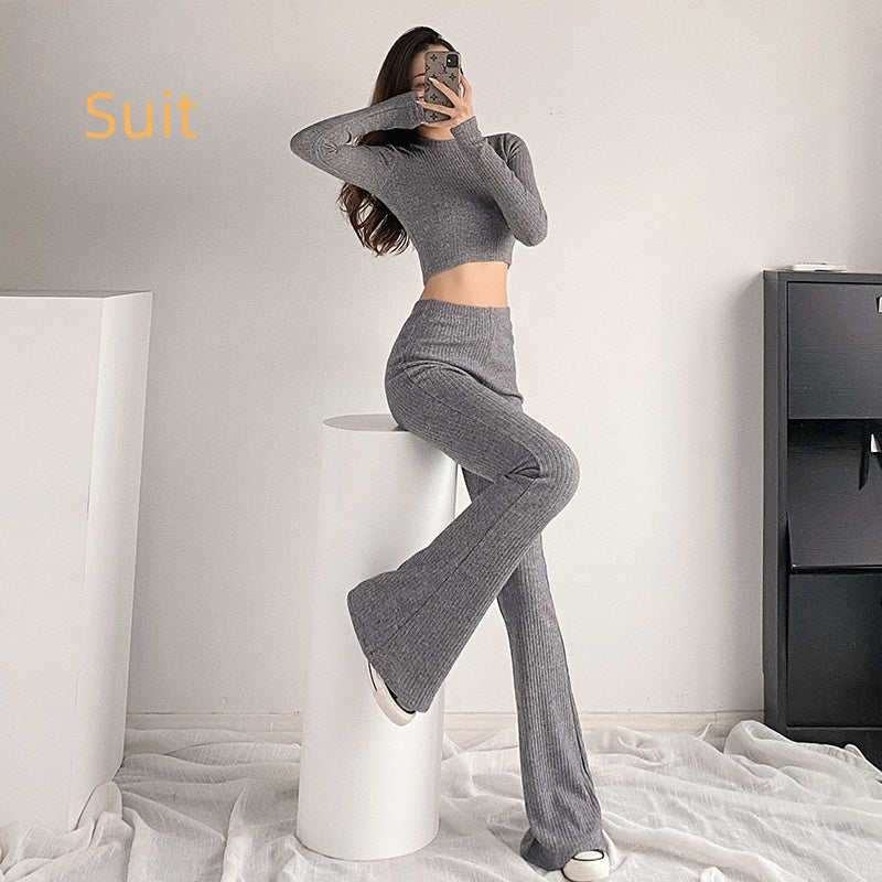 Tight Long-sleeved T-shirt Top Slim-fit High Waist Flattering Leisure Horn Wide-leg Pants Two-piece Suit