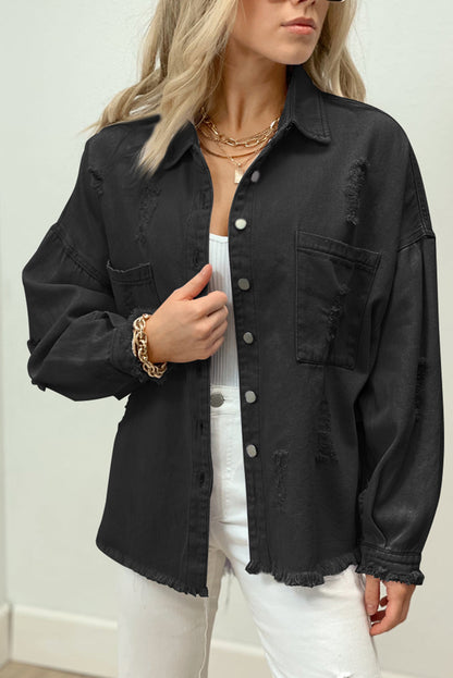 Black Distressed Fringe Trim Denim Jacket