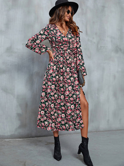 Robe midi fendue à col en V et motif floral