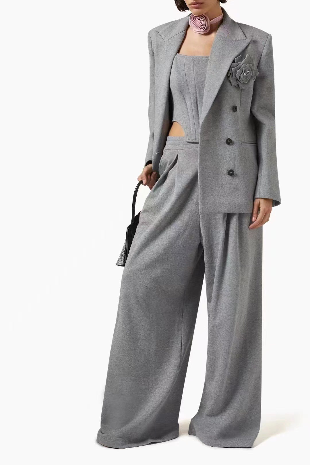 Fall Winter Fashion Suit Three-dimensional Flower Brooch Suit Jacket Fishbone Vest Pleated Wide Leg Trousers