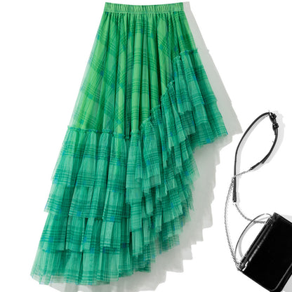 Elastic Waist Asymmetric Layer Gauze Skirt Front Short Back Long Fishtail Skirt