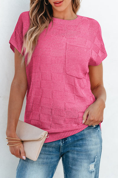 Pull à manches courtes en tricot texturé en treillis rose poussiéreux