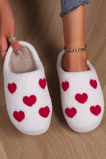 Pantuflas de casa de felpa con estampado de corazones blancos del día de San Valentín