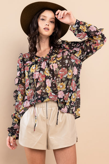 Ces Femme Blouse florale à manches longues et bordure à volants