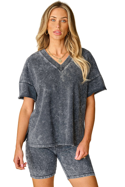 Black Mineral Washed Oversized T Shirt and Shorts Set