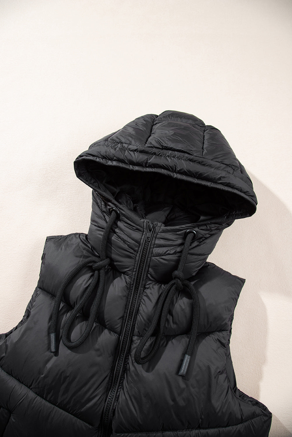 Black Sleek Quilted Puffer Hooded Vest Coat