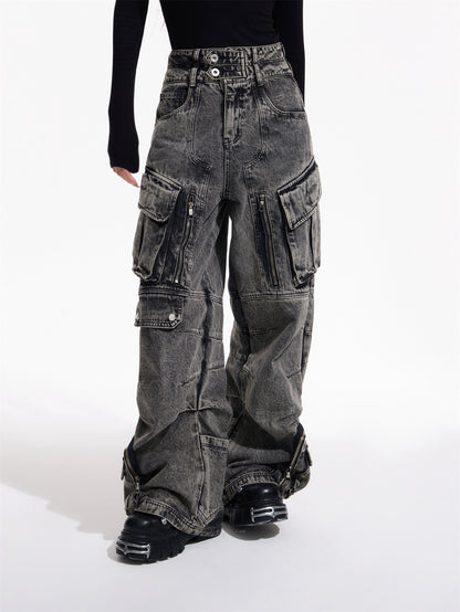 Design Retro Work Style Multi Pocket Jeans