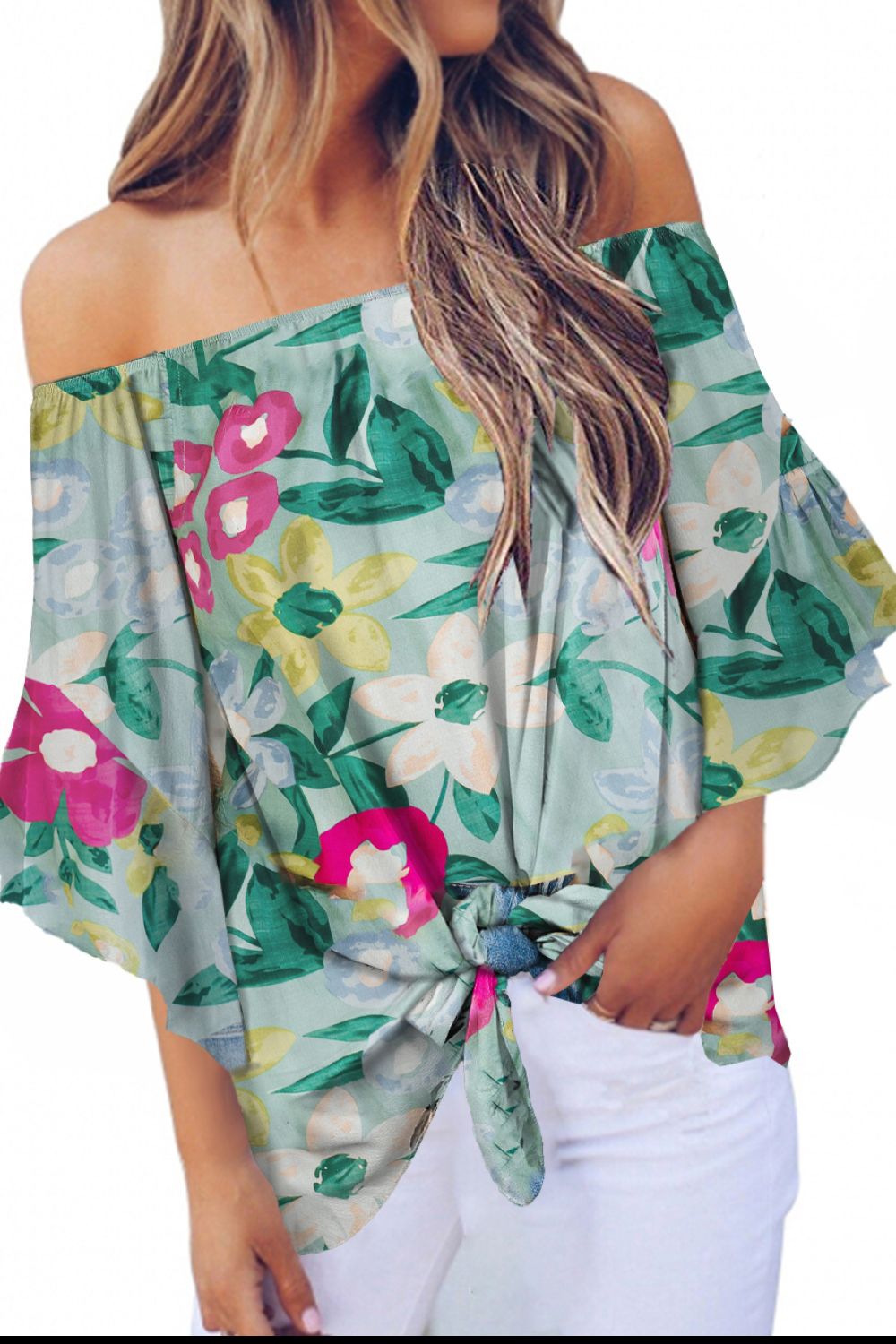 Tied Printed Off-Shoulder Half Sleeve Blouse