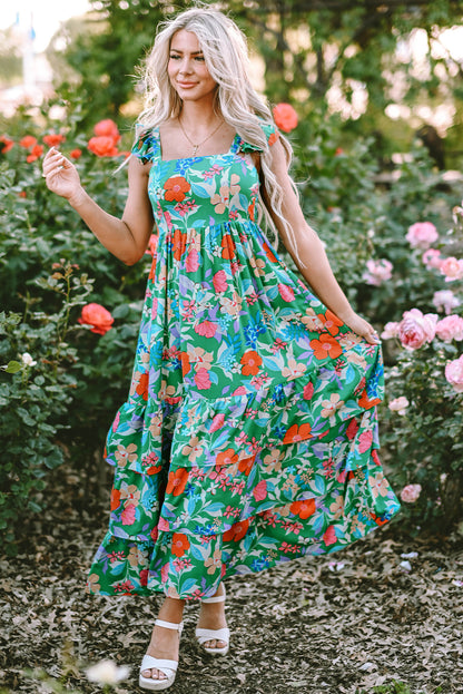 Robe longue à volants et à volants sans manches à imprimé floral vert