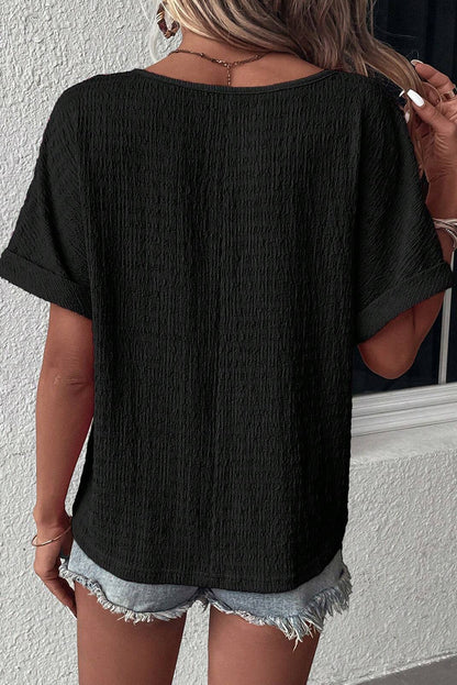 Black Textured Rolled Short Sleeve V Neck Tee