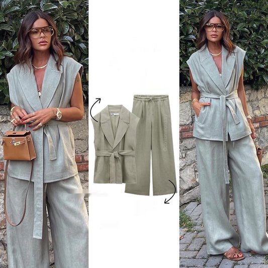 Women's Clothing With Belt Linen Vest Suit