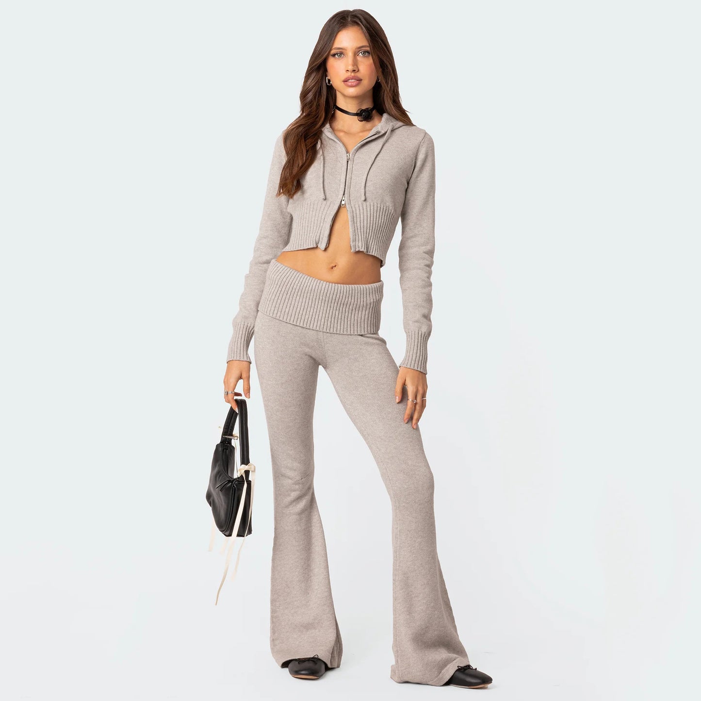 Women's Fashion High Waist Long Sleeves Trousers Knitted Hooded Suits