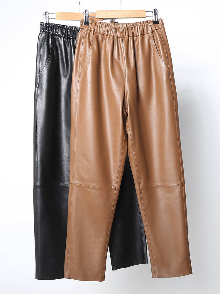 High waist cropped trousers in leather elastic