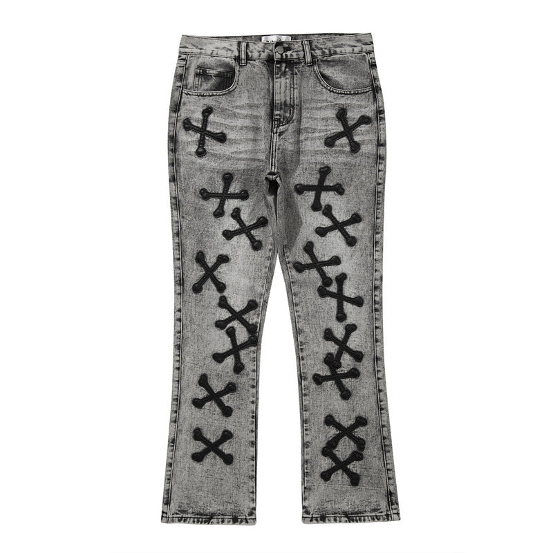 Jean slim gris délavé High Street Cross Bone Patch Skin