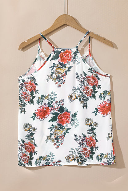 Camiseta sin mangas con cuello en V y encaje con estampado floral blanca