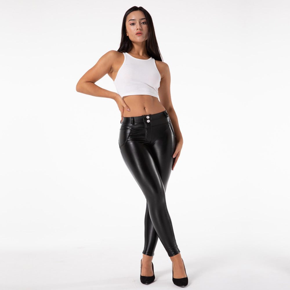 Women's PU Leather Pants Elastic Mid-waist Plus Velvet Leggings