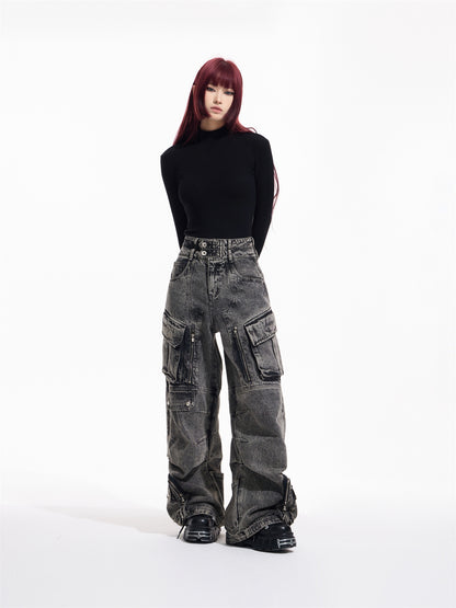 Design Retro Work Style Multi Pocket Jeans