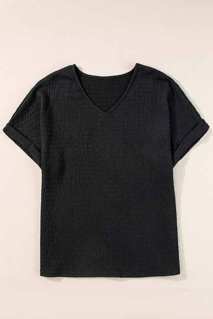 Black Textured Rolled Short Sleeve V Neck Tee