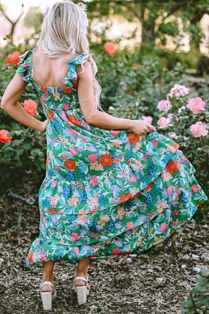 Robe longue à volants et à volants sans manches à imprimé floral vert