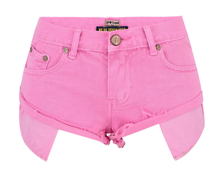 Ropa de mujer Pantalones cortos de mezclilla de cintura baja Pantalones de playa sueltos no elásticos con bolsillo expuesto y rizado Macaron Pink