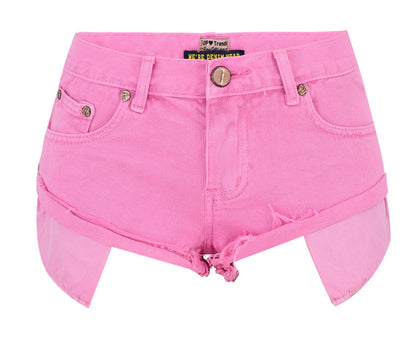 Ropa de mujer Pantalones cortos de mezclilla de cintura baja Pantalones de playa sueltos no elásticos con bolsillo expuesto y rizado Macaron Pink