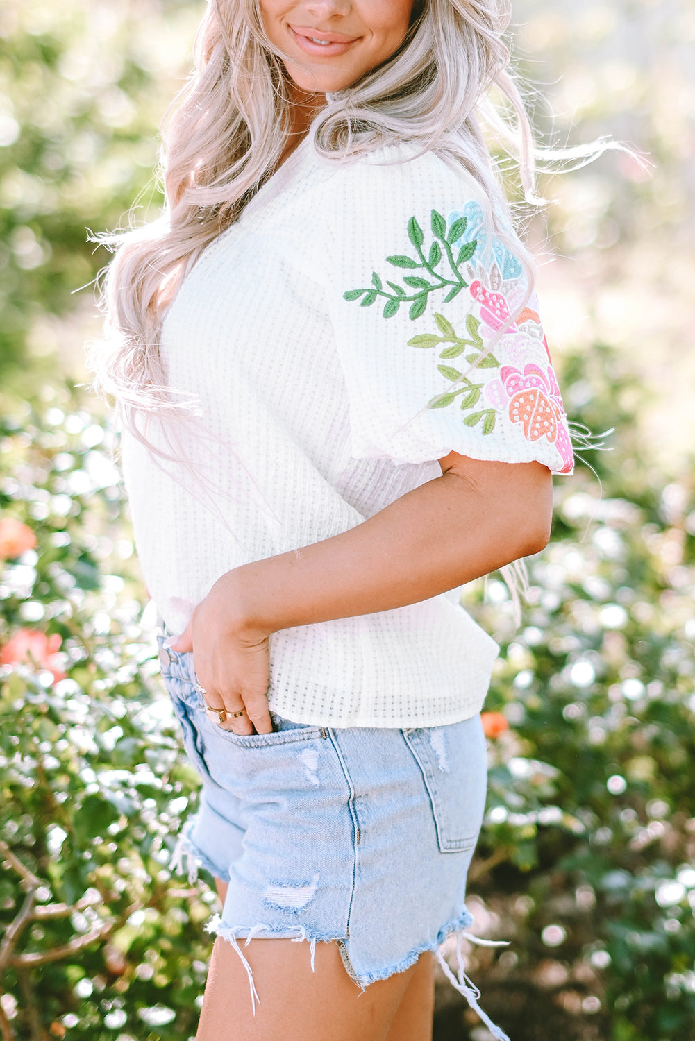 Black Floral Embroidered Puff Sleeve Notched Neck Blouse