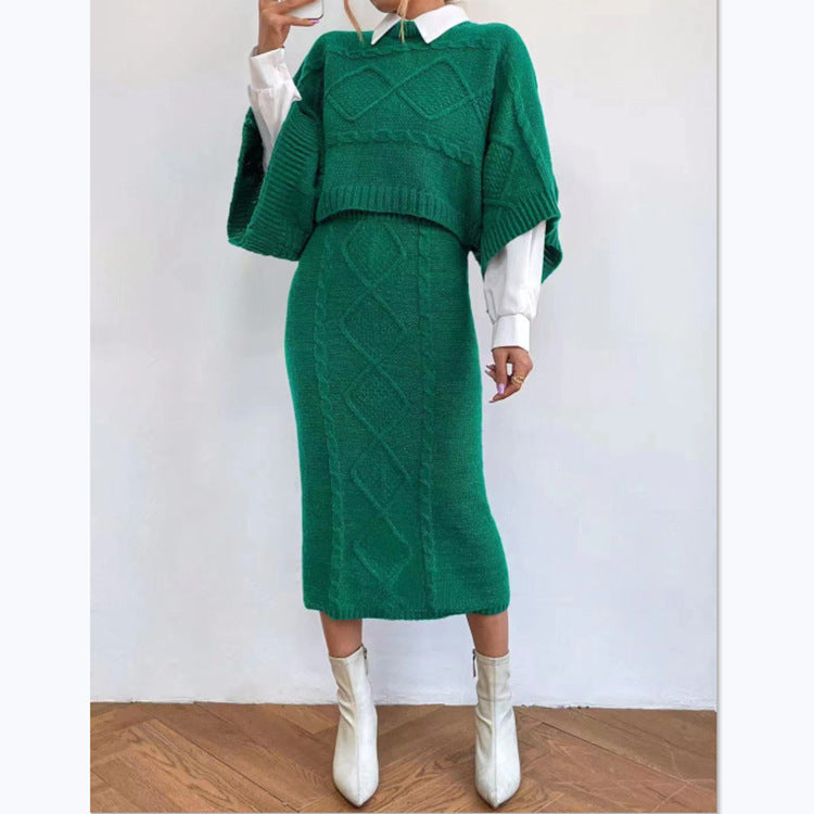 Women's Fashion Cable-knit Sweater Coat Wool Skirt