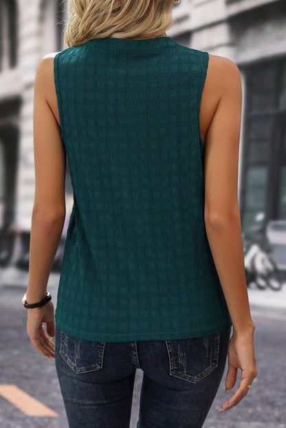 Black Lattice Textured Split Neck Tank Top