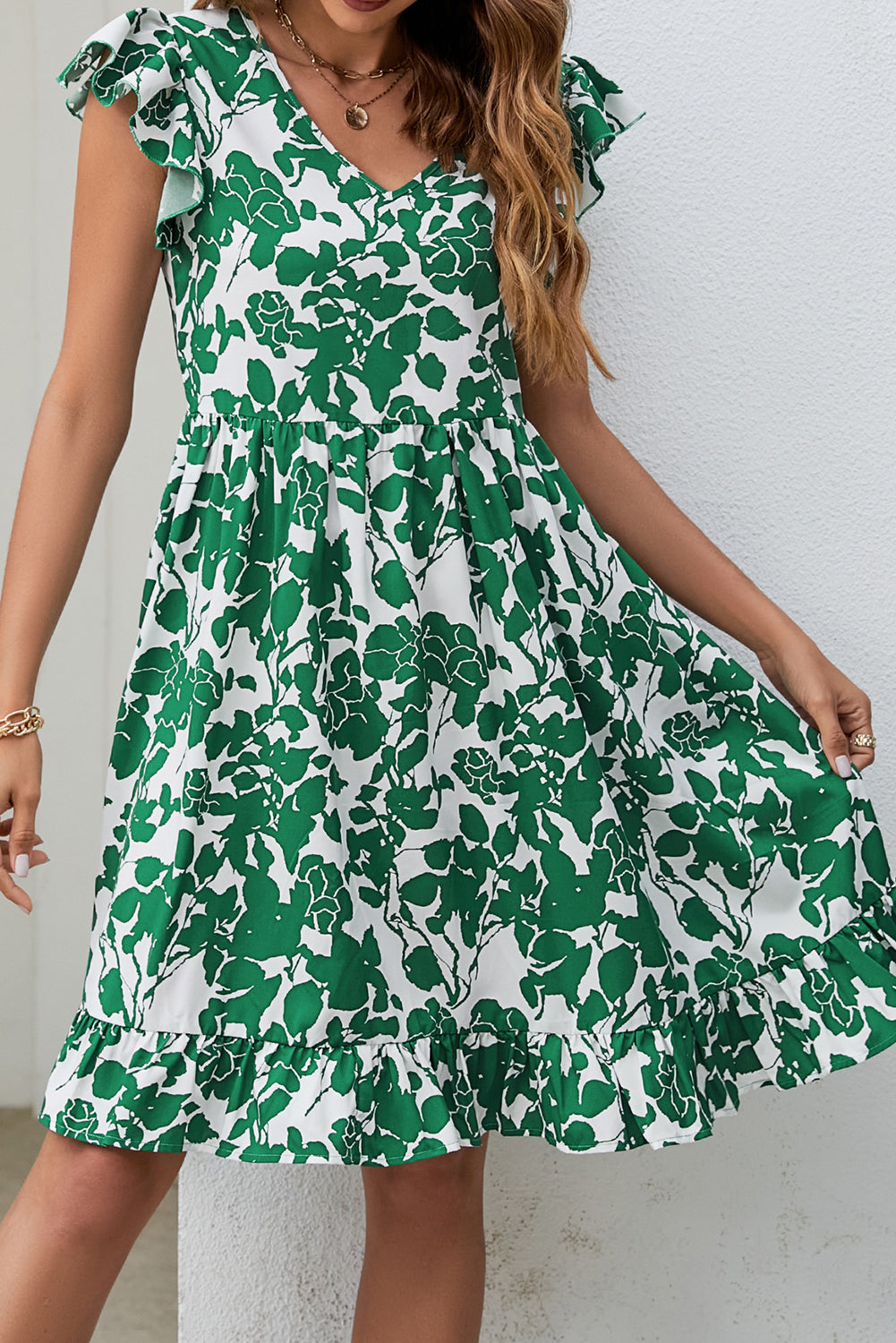 Robe vert foncé à imprimé feuilles et col en V à manches flottantes