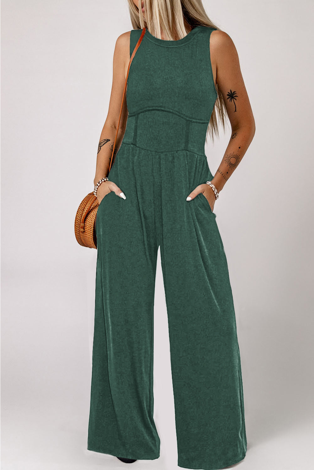 Black Cinched Waist Sleeveless Wide Leg Jumpsuit