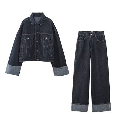 Women's New Lapel Denim Jacket Coat Speaker Cuffed Pants Suit