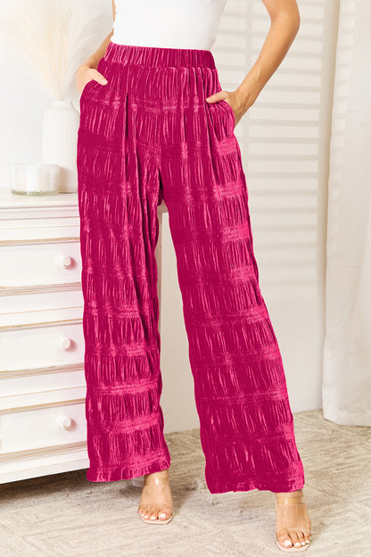 Double Take Pantalon large taille haute en velours froncé à plusieurs niveaux