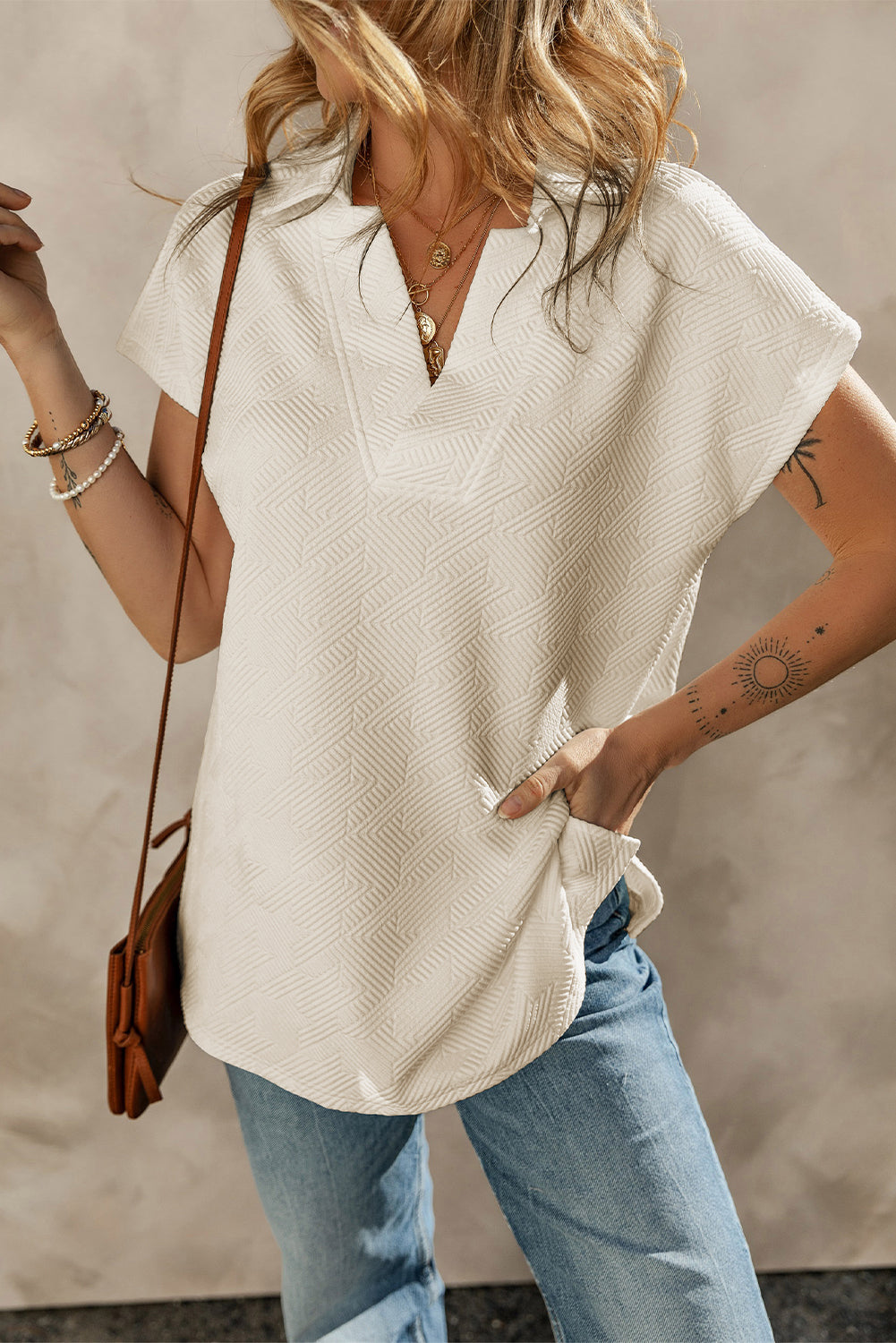 Apricot Textured V Neck Collared Short Sleeve Top