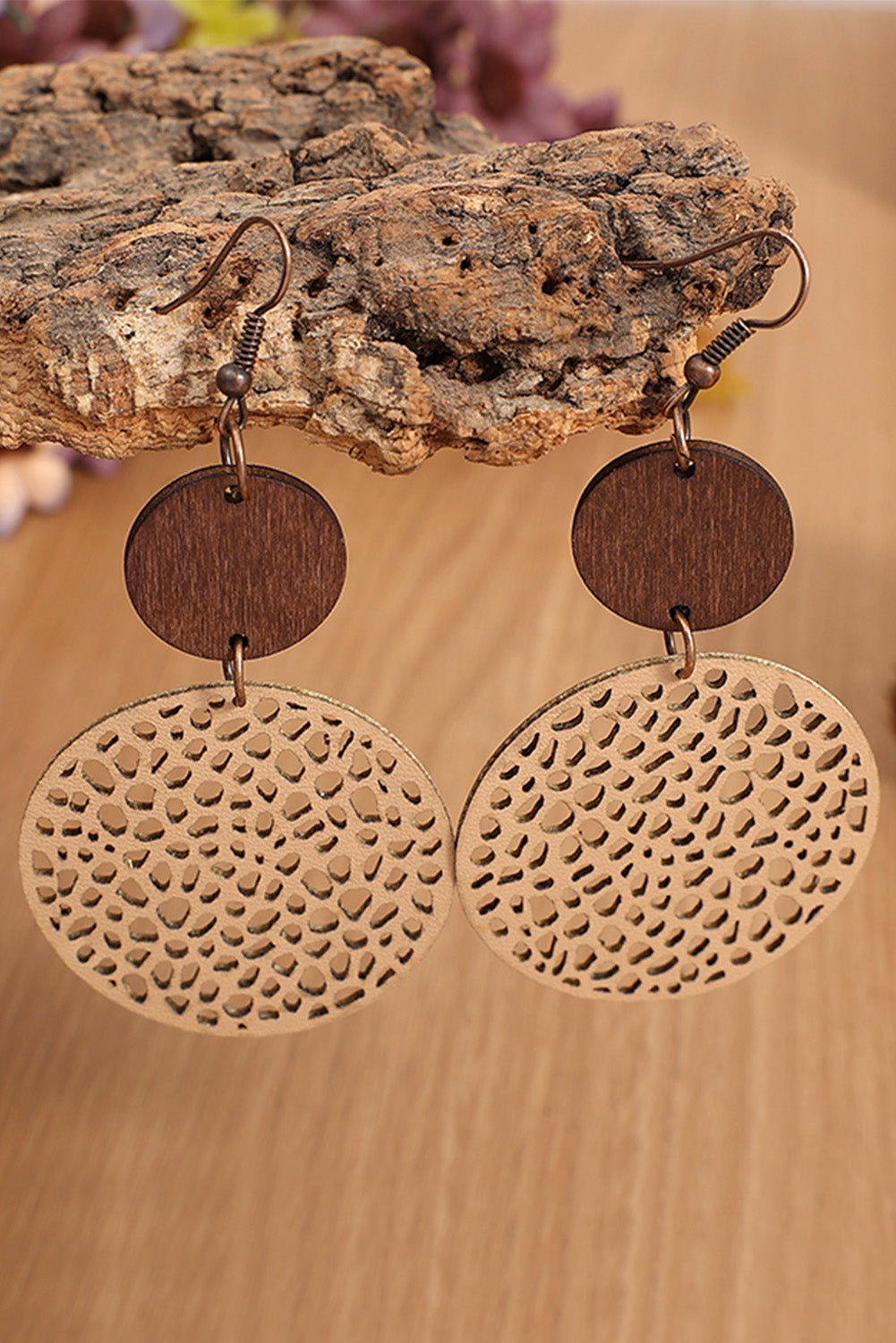 Black Hollow Out Wooden Round Drop Earrings