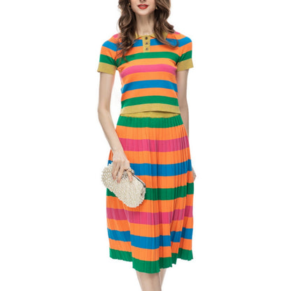 Women's Casual Fashion Printing Knitted Colorful Striped Top Mid-length Dress Set