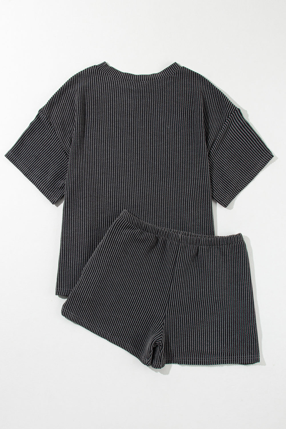 Carbon Grey Ribbed Textured Knit Loose Fit Tee and Shorts Set