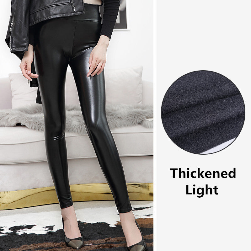 Autumn Winter High Waist Faux Leather Pants Bright Leather Leggings High Elastic Women Fleece Lined Feet Pants Cropped Pants