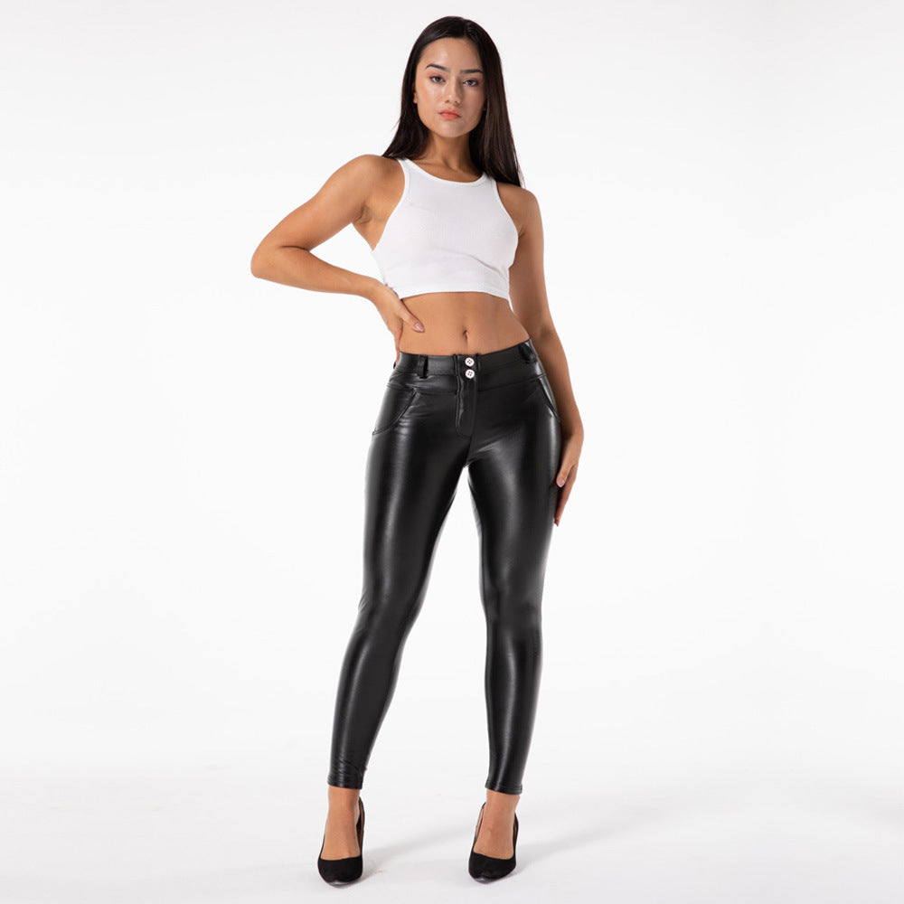 Women's High Waist Peach Hip Lifter Bright Leather Pants