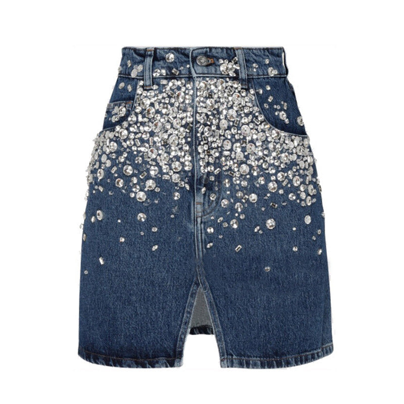 Beaded and diamond front split denim skirt